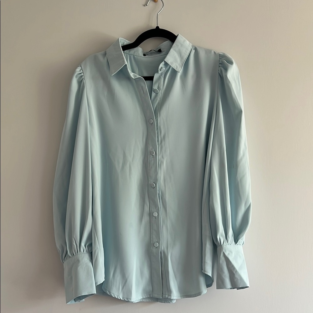 Blue Puff Sleeve Button Down Shirt with Notched Collar